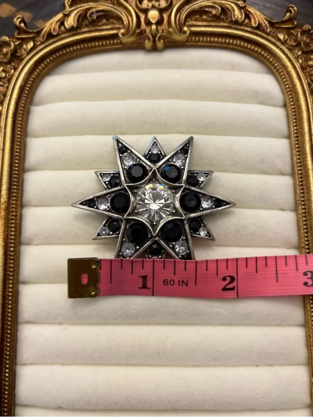 Vintage Silver Tone Starburst Brooch Pin Black Clear‎ Rhinestones Victorian Goth
